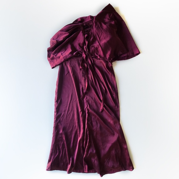 Wear Your Love Burgundy Satin Style Asymmetrical Sleeve Midi Dress Formal - Picture 3 of 15